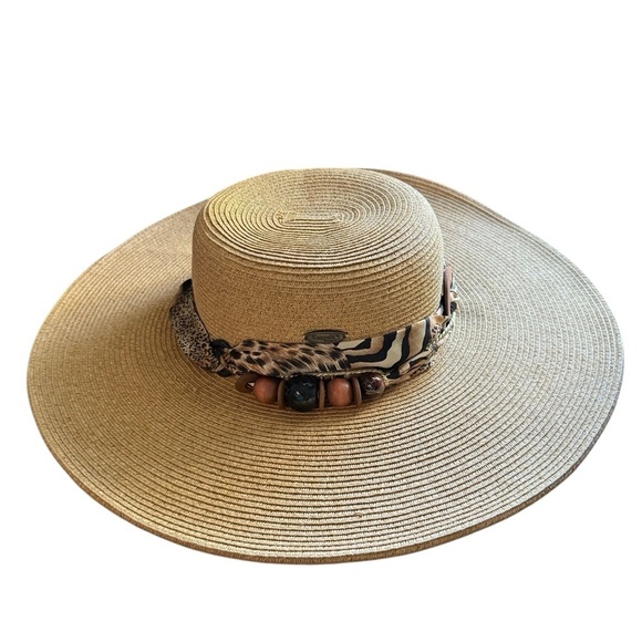 Cappelli Straworld Accessories - Cappelli Straworld  Wide Brim Animal Print Scarf Beaded Sun Hat One Size